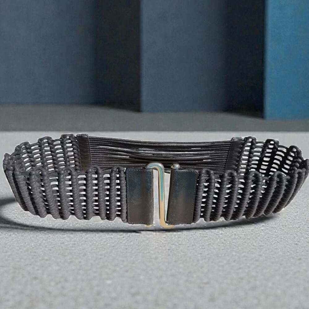 Suzi Roher Black Woven Elastic Cord Wide Waist Belt Silver Hook Buckle XL